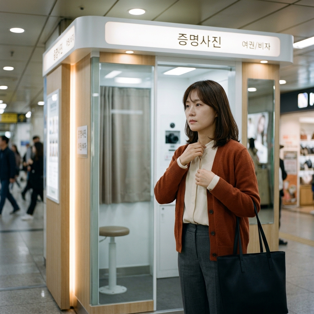 증명사진 촬영 부스 앞에서 옷차림을 확인하는 30대 여성