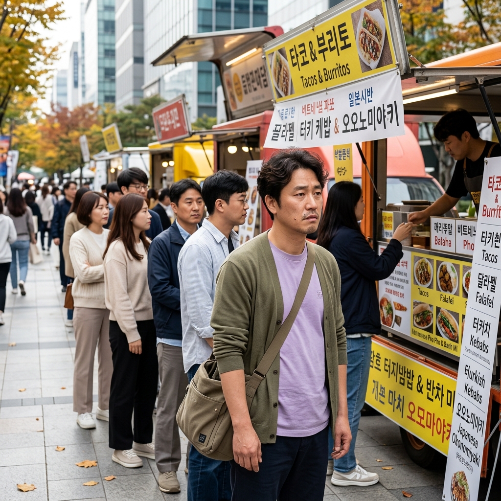 다양한 세계 음식을 판매하는 푸드트럭 앞에 줄 서 있는 방문객들