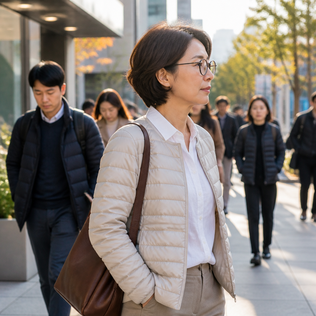 아침 출근길 경량패딩 입고 걷는 사람들