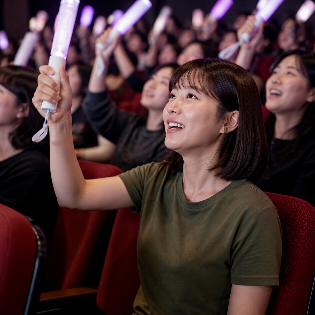 극장 좌석에서 응원봉을 흔드는 관객들
