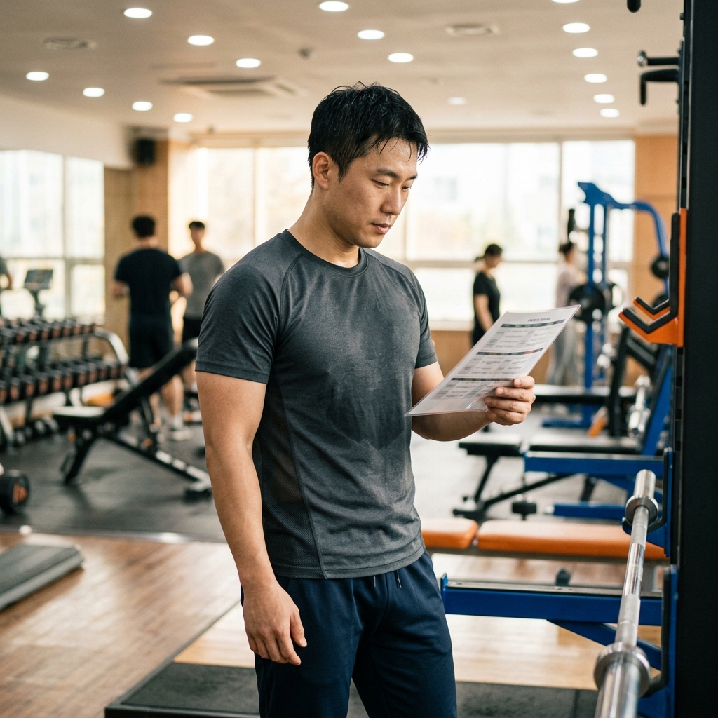 헬스장에서 스쿼트 자세를 확인하며 운동 순서를 고민하는 30대 남성