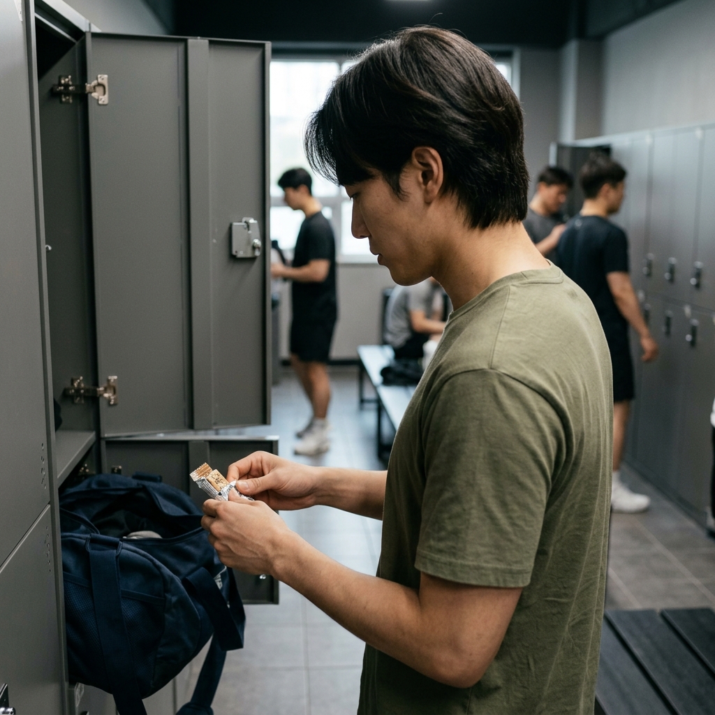 헬스장에서 가벼운 웨이트 운동을 마친 후 탈의실에서 단백질 바를 꺼내 보는 30대 남성, 반팔 티셔츠 차림