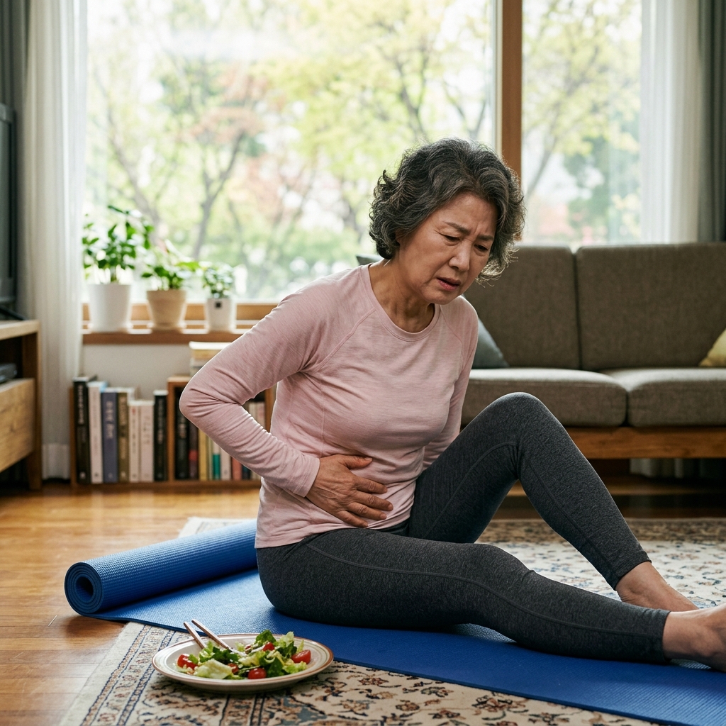 60대 후반 여성이 집 거실에서 얇은 긴팔 운동복을 입고 요가 매트 옆에 샐러드 접시를 놓고 불편한 표정으로 배를 손으로 감싸고 있는 모습, 창밖으로 연한 녹색 나뭇잎이 보이는 봄철 오전