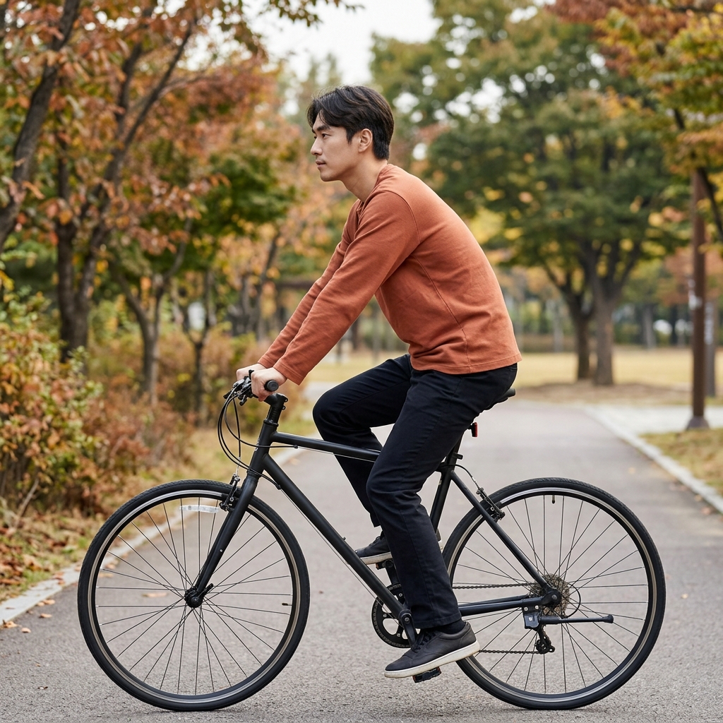 자전거 안장에 앉아 페달을 밟는 중년 남성의 옆모습, 안장 높이와 각도가 보이는 장면, 긴소매 상의