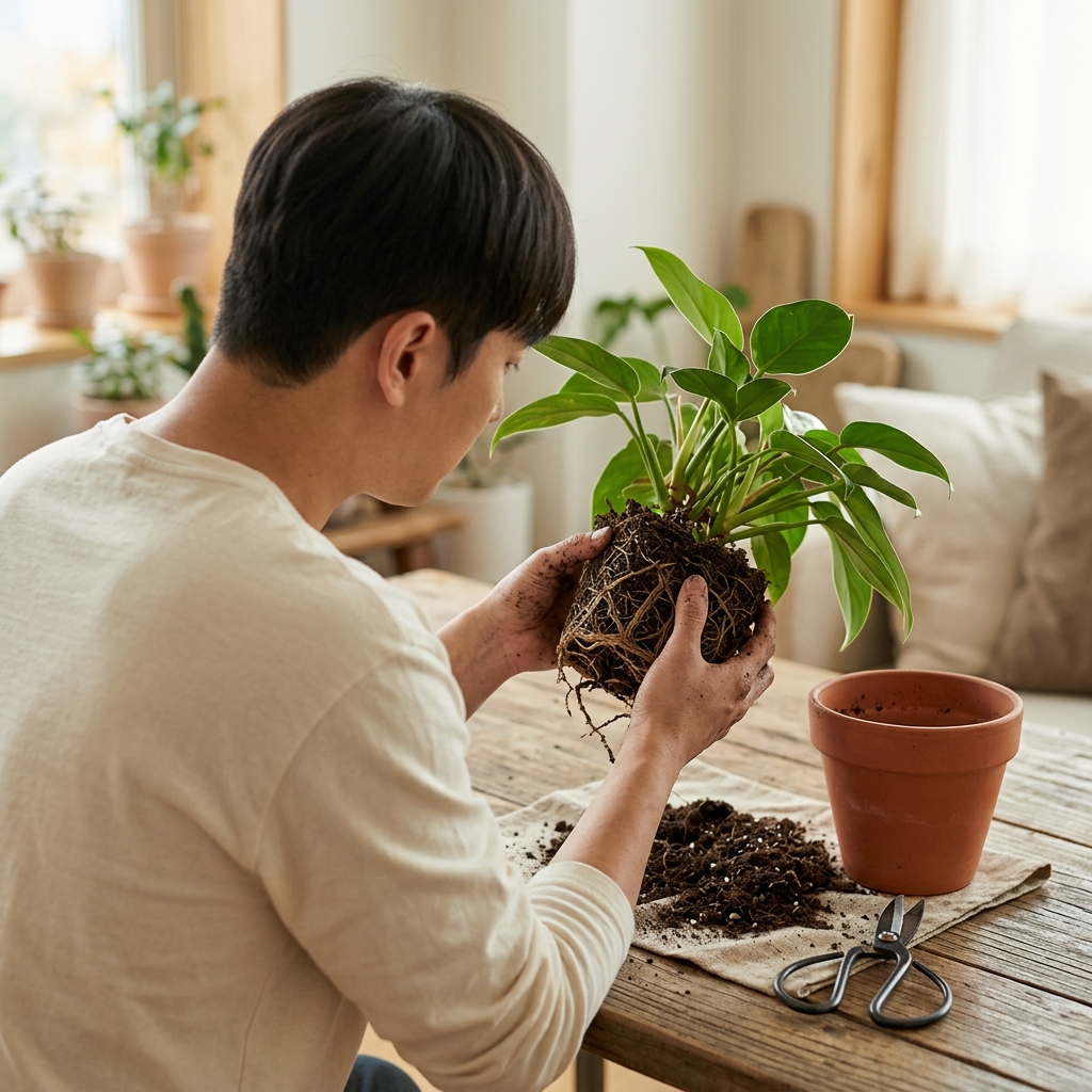 테이블 위에 놓인 화분에서 식물을 빼내어 뿌리 덩어리를 살피는 장면, 흙이 묻은 뿌리와 가위