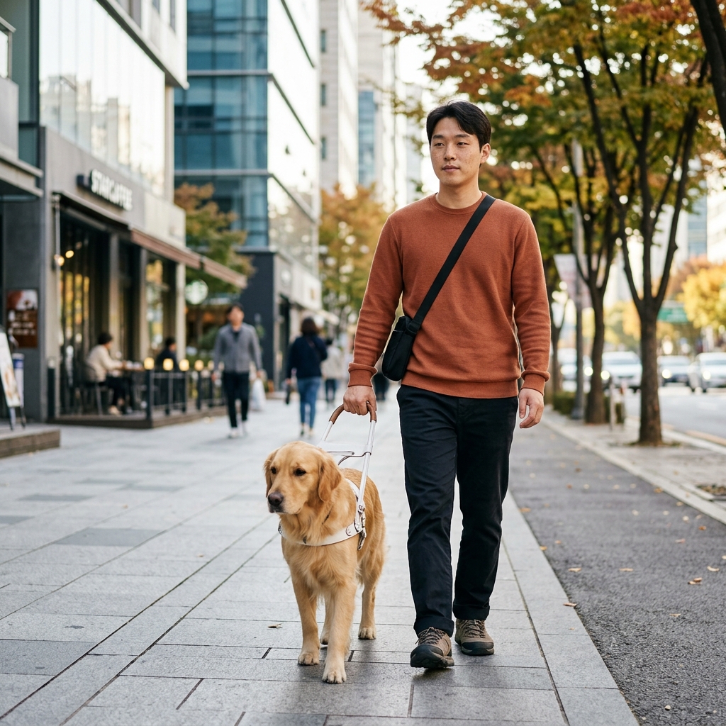 흰색 하네스를 착용한 안내견이 시각장애인과 함께 인도를 걷고 있는 모습