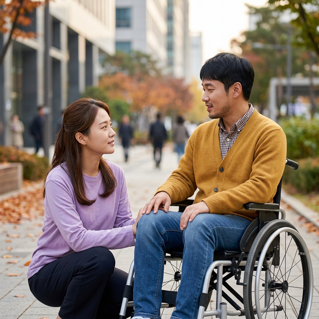 휠체어 사용자에게 도움을 묻는 사람이 눈높이를 맞춰 대화하는 모습