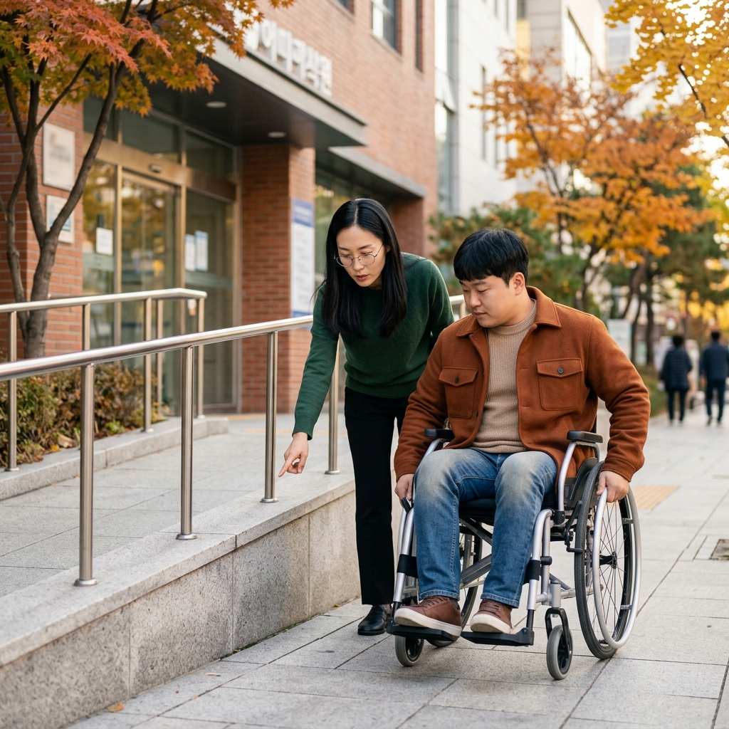 휠체어 사용자와 나란히 서서 경사로를 함께 확인하는 장면
