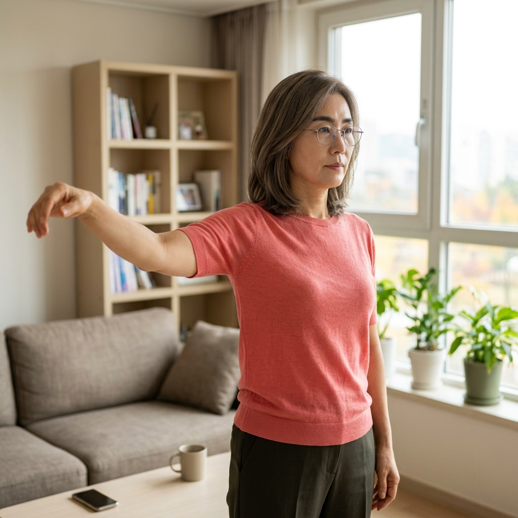 50대 후반 여성이 실내에서 얇은 반팔 셔츠를 입고 팔을 천천히 들어 올리며 어깨 가동범위를 확인하는 모습