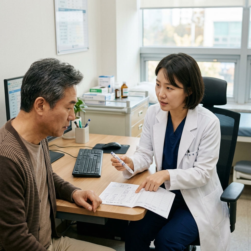 병원 진료실에서 의료진이 50대 중반 환자에게 주사형 비만 치료제 사용법을 설명하며 체중 기록지를 함께 보고 있는 장면