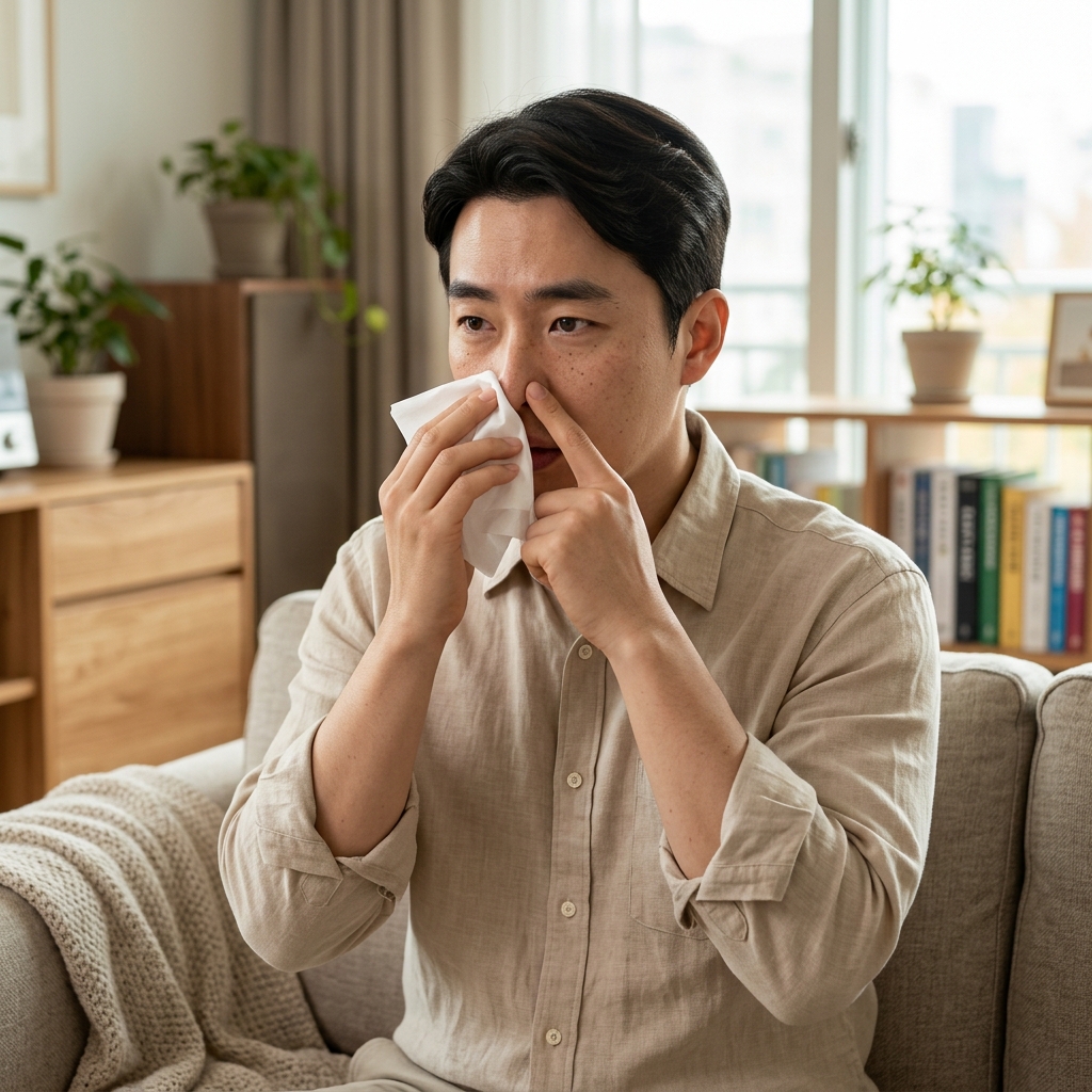 한쪽 코를 막고 부드럽게 코를 푸는 30대 남성의 모습, 실내 거실 배경, 밝은 자연광