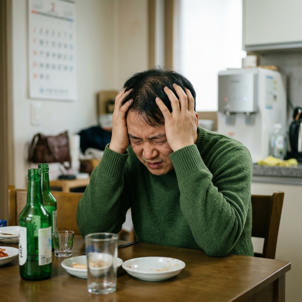 술자리 후 머리를 감싸 쥔 채 기억을 되살리려 애쓰는 40대 남성의 불안한 표정