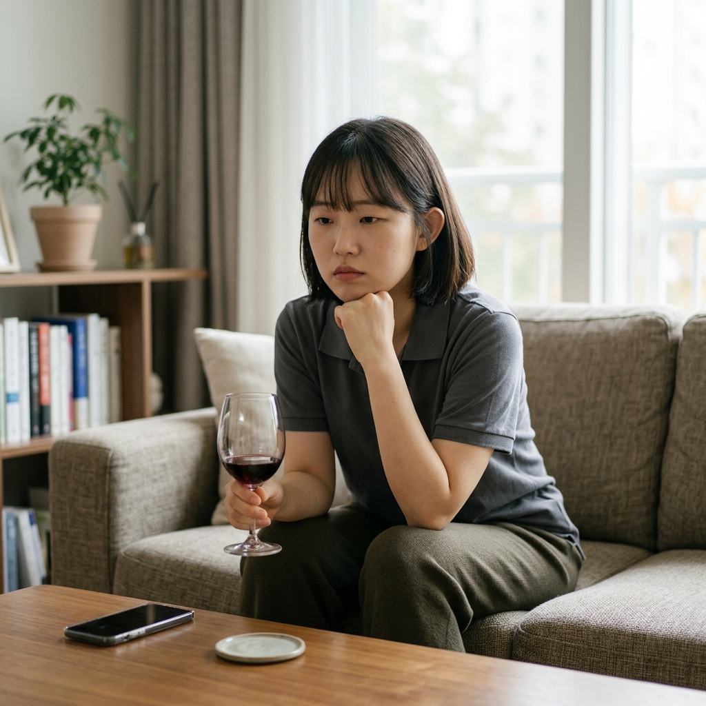 소파에 앉아 와인 잔을 들고 생각에 잠긴 표정의 30대 후반 여성, 실내 조명 아래 편안한 의상