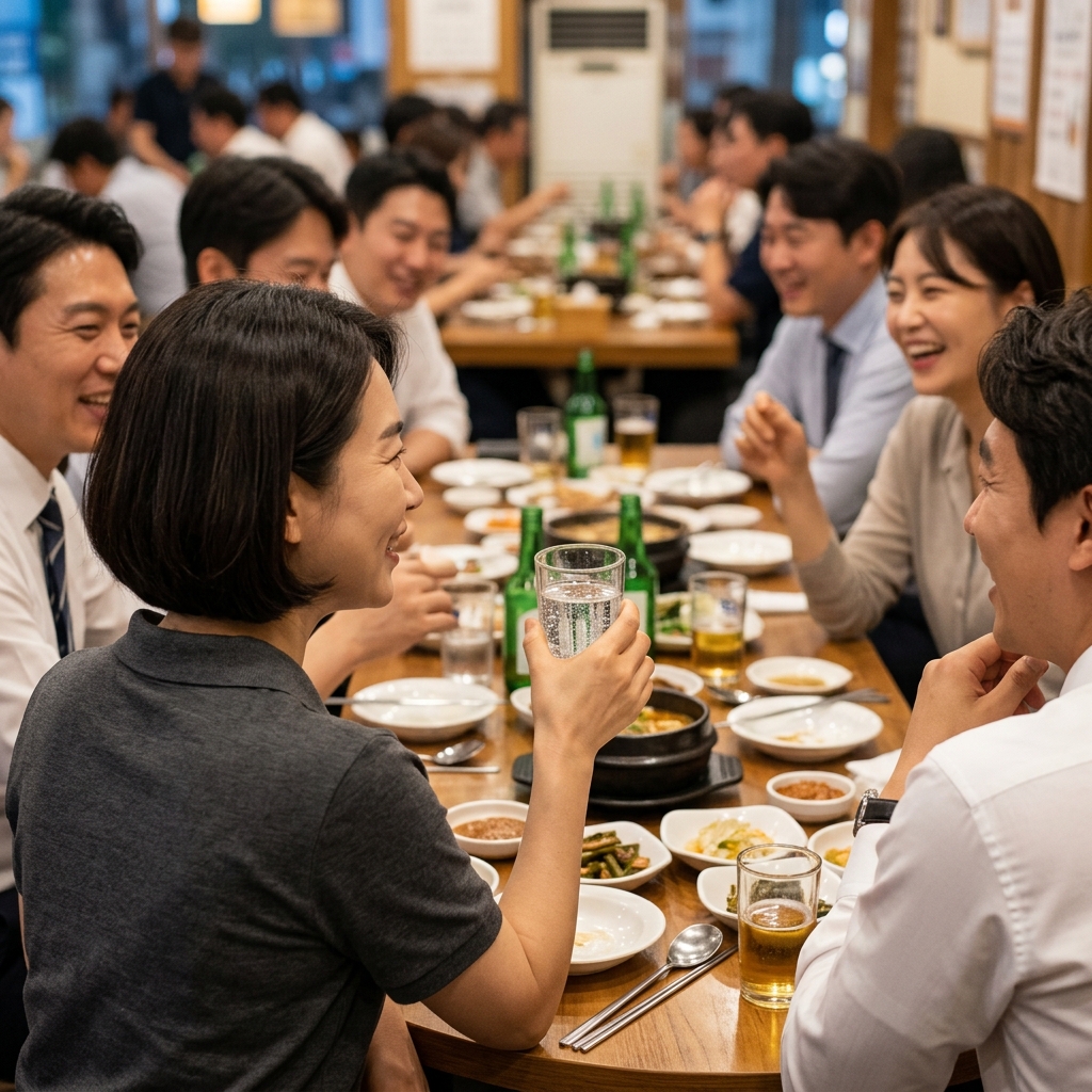 회식 테이블에서 탄산수가 담긴 잔을 들고 미소 지으며 동료들과 대화하는 중년 직장인