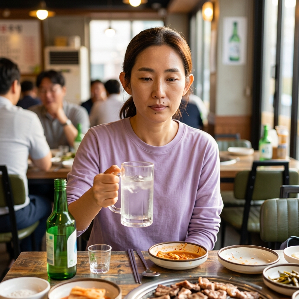 회식 자리 테이블 위에 술잔과 물잔이 나란히 놓여 있고, 한 사람이 물잔을 들어 올리는 장면