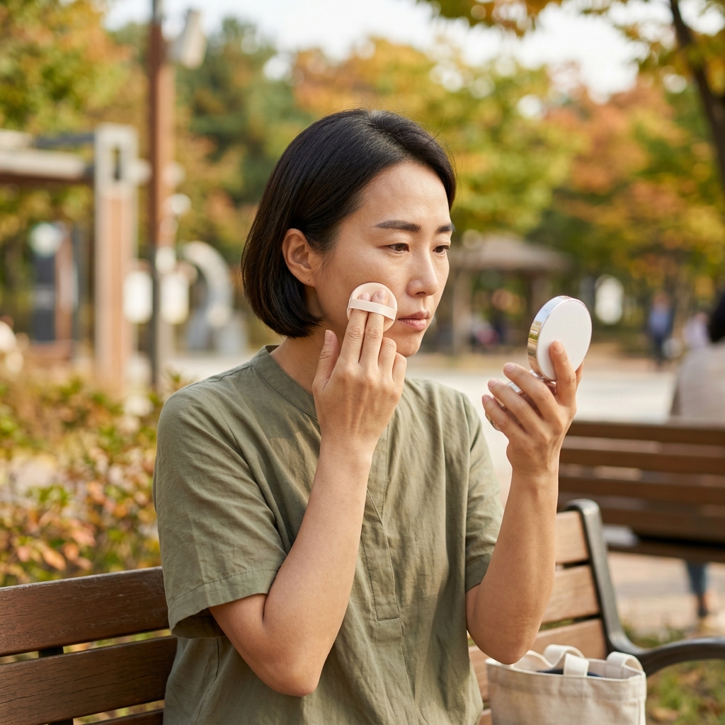 야외에서 얇은 반팔 블라우스를 입은 30대 여성이 거울을 보며 선쿠션을 퍼프로 가볍게 톡톡 두드려 바르는 모습