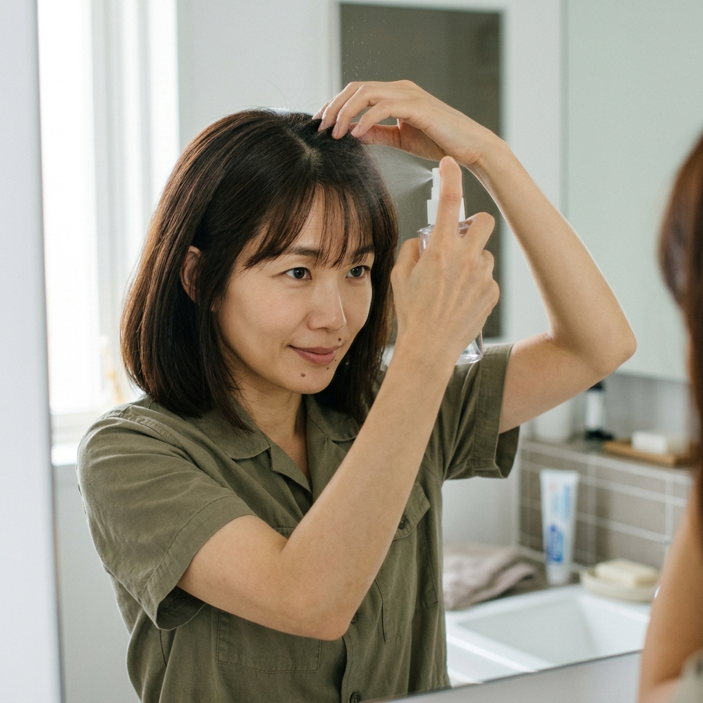 갈라진 앞머리 뿌리를 분무기로 적시는 모습