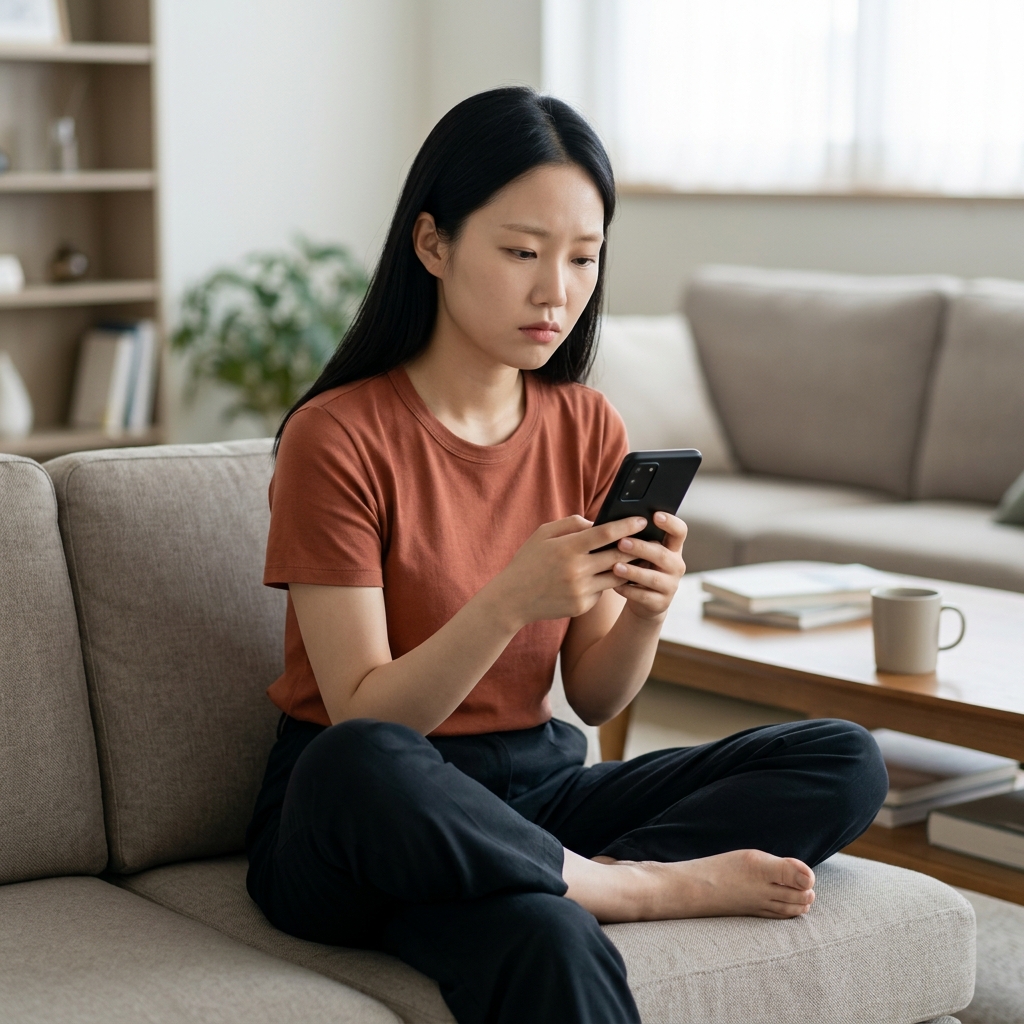 거실 소파에 앉아 한쪽 발목을 다른 무릎 위에 올리고 스마트폰을 보는 50대 남성, 반팔 티셔츠