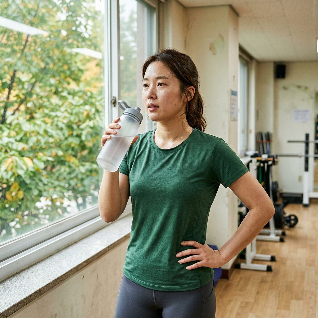운동복 차림의 중년 여성이 실내 운동 공간에서 숨을 고르며 물병을 들고 있는 모습, 반팔 티셔츠와 창밖으로 보이는 푸른 잎