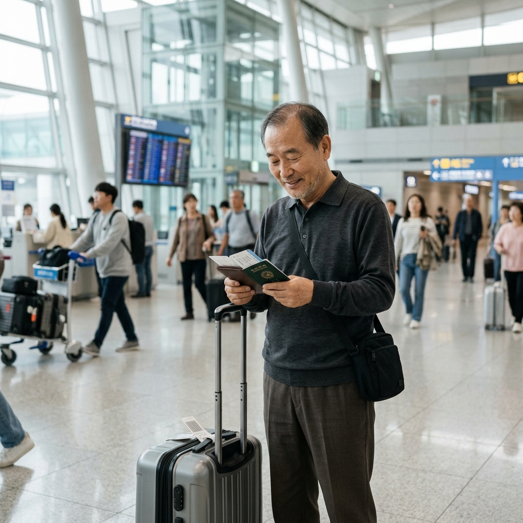 60대 여성이 공항 출국장에서 여권과 항공권을 확인하며 미소 짓는 모습, 캐리어 옆에 서 있고 밝은 자연광이 들어오는 배경