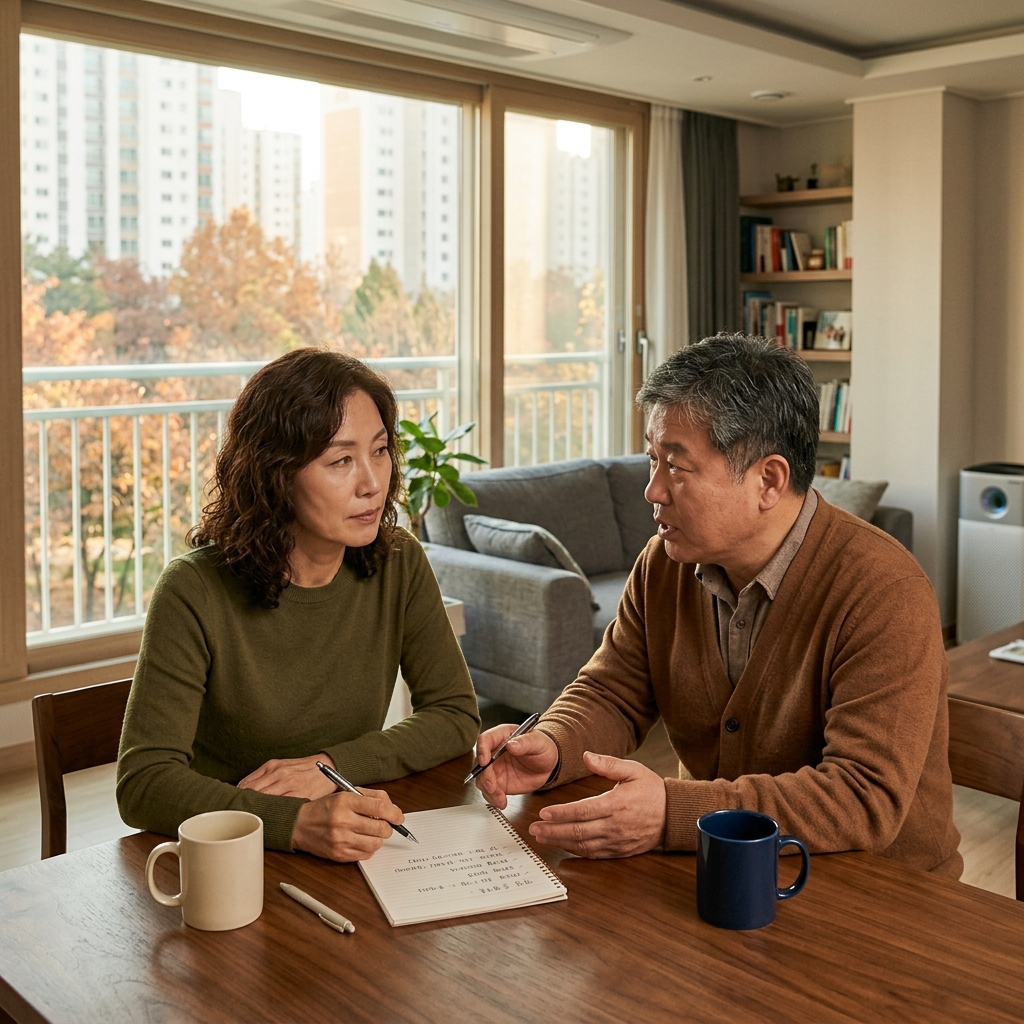 50대 남성과 40대 여성이 식탁에서 명절 준비 목록을 적으며 대화하는 모습, 창밖으로는 가을 햇살이 들어오는 거실