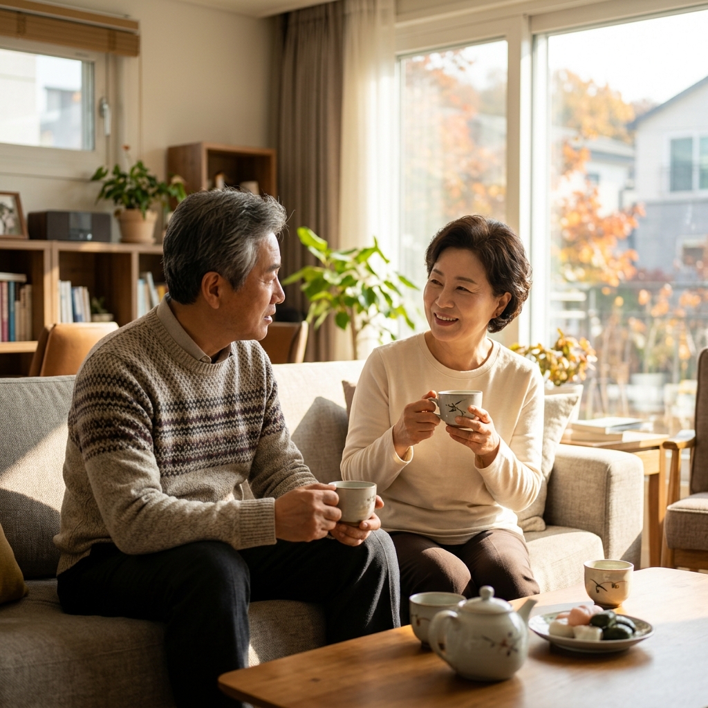 60대 부부가 집 거실 소파에 편안히 앉아 차를 마시며 대화하는 모습, 창밖으로 따뜻한 햇살이 들어오는 실내