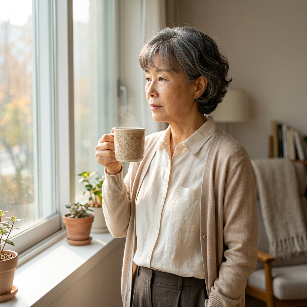 아이보리 셔츠를 입고 창가에 서서 차 한 잔을 들고 있는 60대 후반 여성, 얼굴 가까이 놓인 밝은 색이 피부를 환하게 보이게 하는 장면