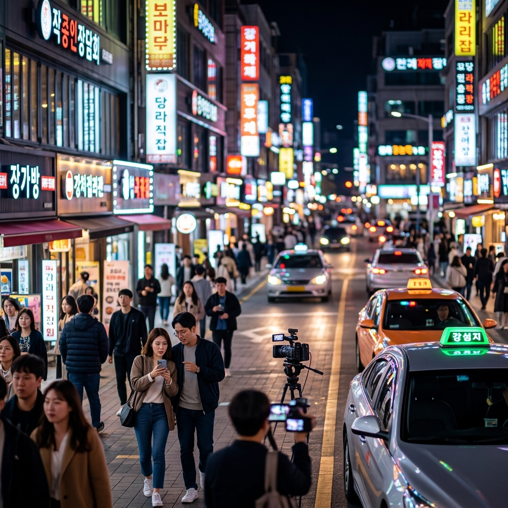 서울 밤거리의 네온사인과 활기찬 야경을 담은 영상 공모전 홍보 장면
