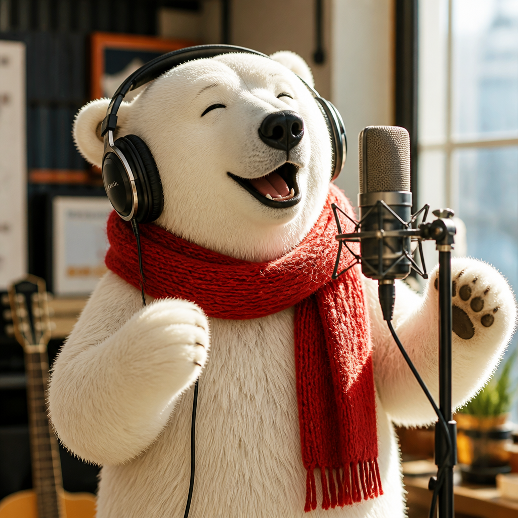 북극곰 캐릭터가 마이크 앞에서 노래하는 모습