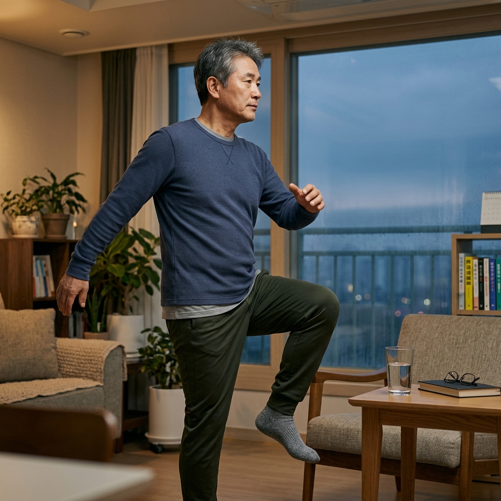 거실에서 제자리걸음과 가벼운 스트레칭으로 몸을 푸는 60대 남성, 창밖으로 어둑한 새벽 하늘이 보이고 옆 탁자에 물 한 잔이 놓여 있다
