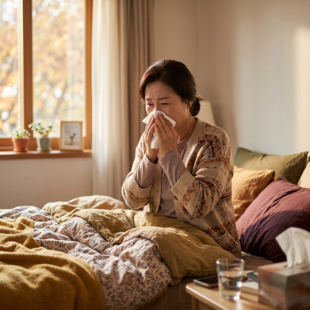 50대 중반 여성이 아침 침대에서 콧물과 재채기를 하며 코를 풀고 있는 모습, 실내 창가에 가을 빛이 들어오는 배경