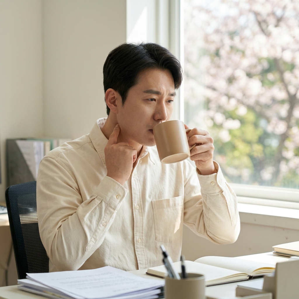 사무실 책상 앞에서 미지근한 물을 담은 머그컵을 두 손으로 감싸 쥐고 천천히 마시는 30대 후반 직장인의 모습, 목 부위를 살짝 만지며 불편함을 느끼는 표정, 창밖으로 보이는 봄철 햇살