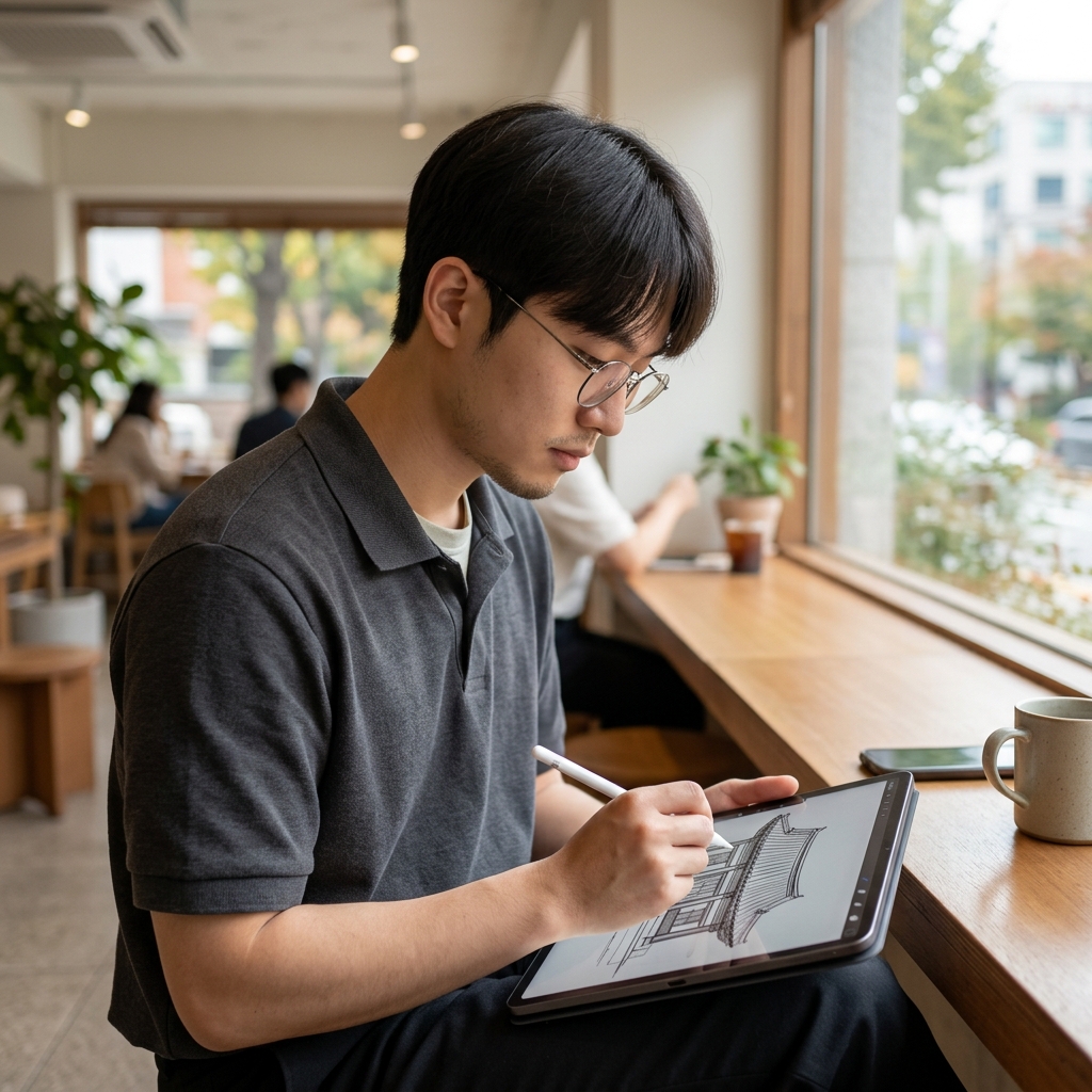 아이패드를 무릎에 올려놓고 카페 창가 테이블에 앉아 애플 펜슬을 든 사람, 화면에는 건물 외관 스케치가 진행 중