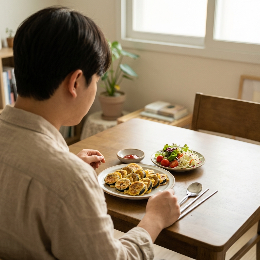 노릇하게 구워진 김밥전이 접시에 담겨 있고, 옆에 케첩과 샐러드가 놓인 자취방 식탁 풍경