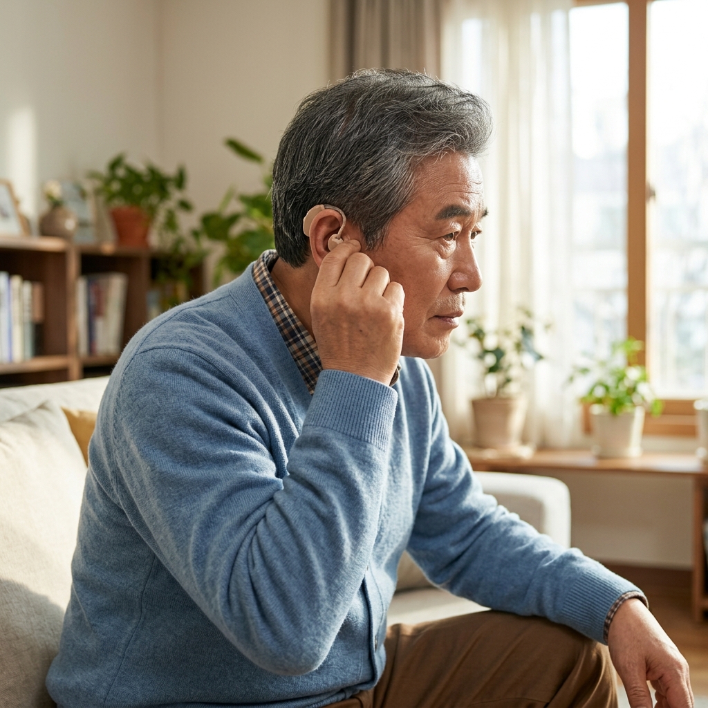 실내에서 앉아 보청기를 귀에 착용하는 70대 남성의 옆모습, 창가로 들어오는 부드러운 자연광