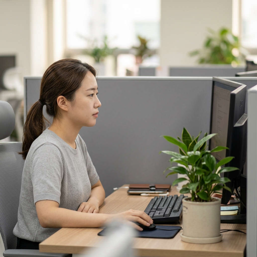 회색 파티션 책상 위 작은 화분 옆에서 모니터를 보는 직장인의 모습