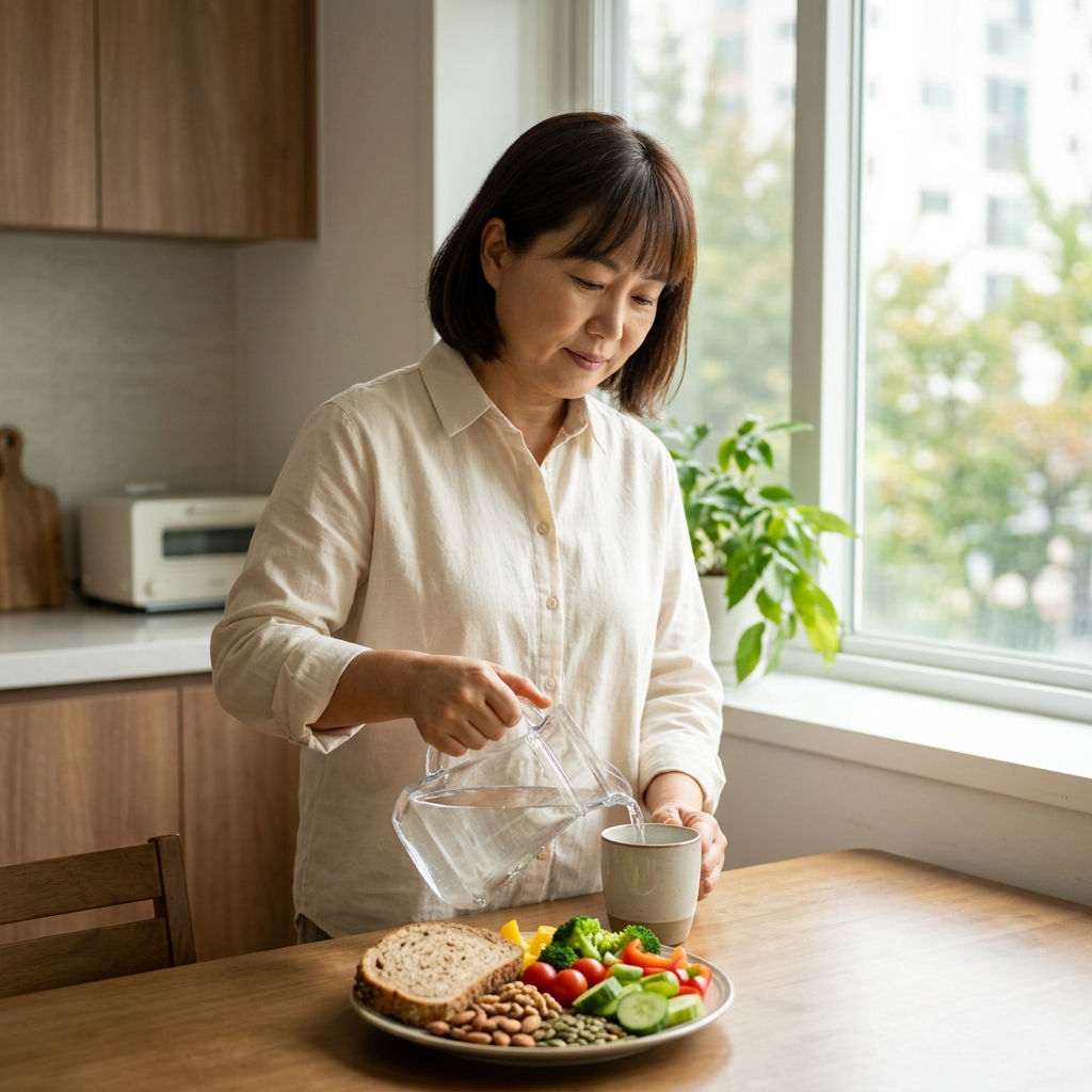 50대 중반 여성이 주방 식탁 앞에서 통곡물 빵과 견과류, 채소를 담은 접시를 놓고 물을 따르는 장면, 창밖으로 부드러운 자연광이 들어오는 아침 분위기