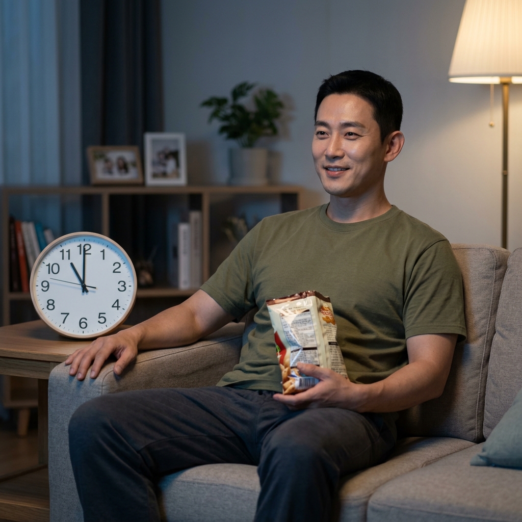 늦은 밤 거실 소파에 앉아 과자 봉지를 든 채 TV를 보는 40대 여성, 시계는 밤 11시 30분을 가리킴
