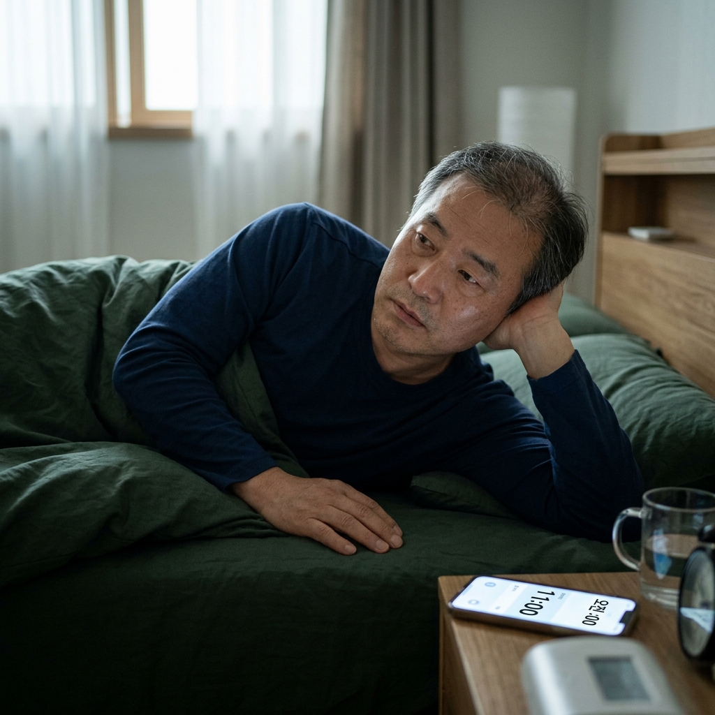 침대 옆 협탁 위에 놓인 스마트폰 화면이 밝게 켜져 있고 시계는 새벽 1시, 50대 남성이 잠들지 못하고 뒤척이는 모습