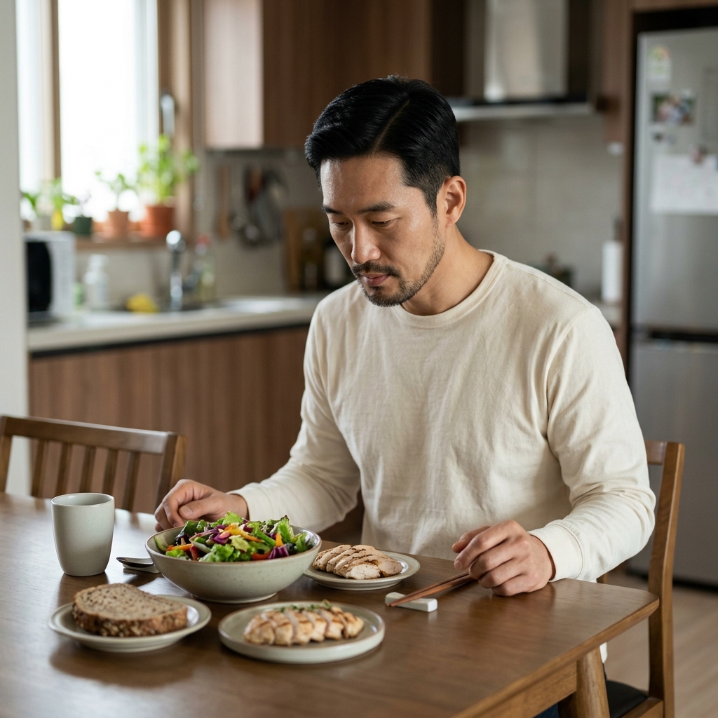 50대 여성이 주방 테이블에서 샐러드 접시와 닭가슴살, 통곡물 빵을 앞에 두고 식사 구성을 살피는 모습