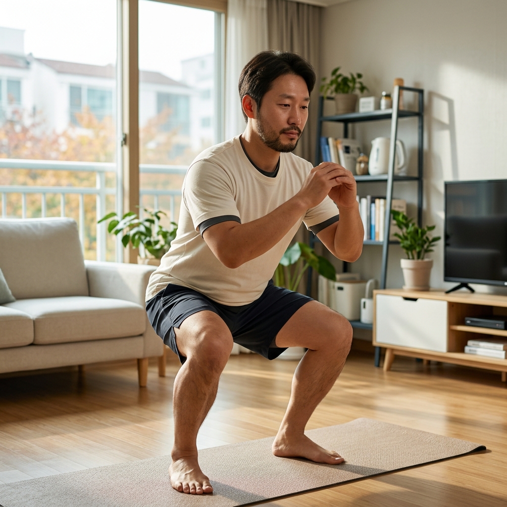 거실 바닥에 요가 매트를 펴고 운동복 차림으로 스쿼트 자세를 취하는 30대 성인, 창밖으로 자연광이 들어오는 오전 시간대