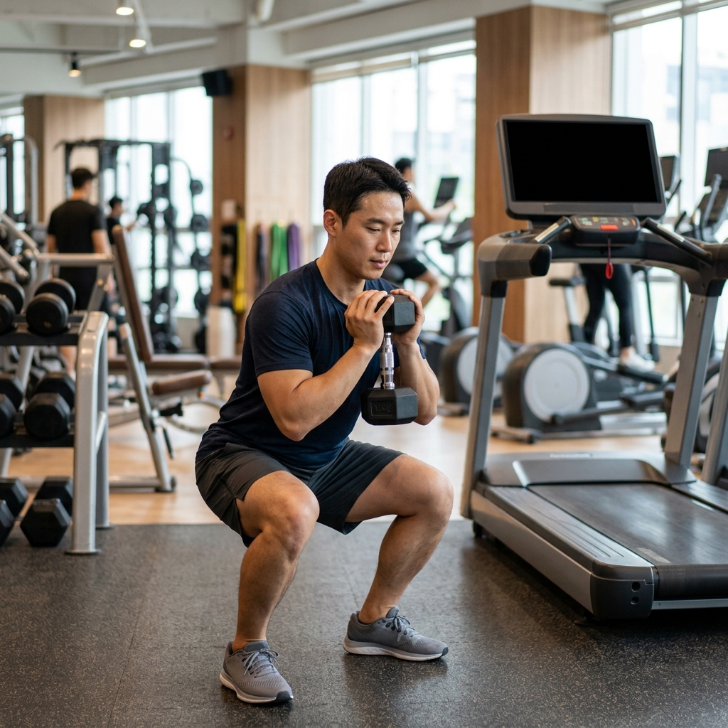 실내 운동복 차림의 30대 성인이 헬스장에서 덤벨을 들고 스쿼트 자세를 취한 뒤 러닝머신 앞에 서 있는 장면