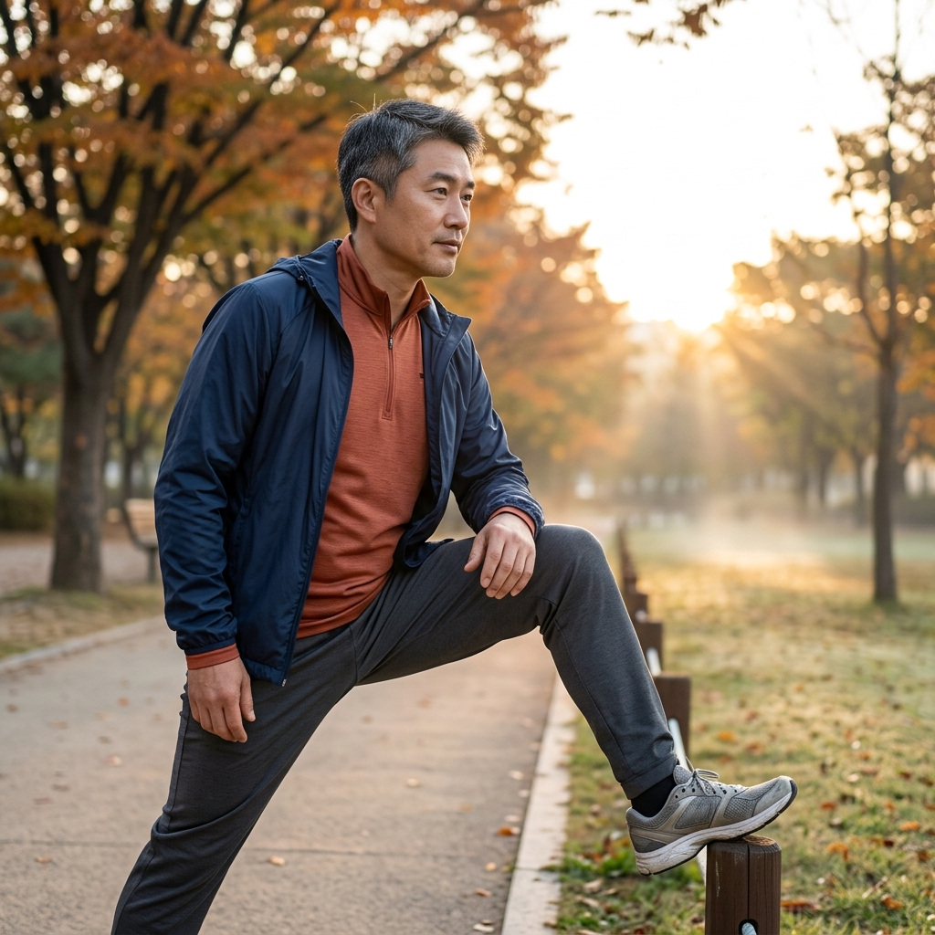 아침 출근 전 공원에서 가벼운 조깅복 차림으로 스트레칭하는 40대 남성, 배경으로 해가 막 떠오르는 이른 아침 풍경과 나무가 보이는 장면