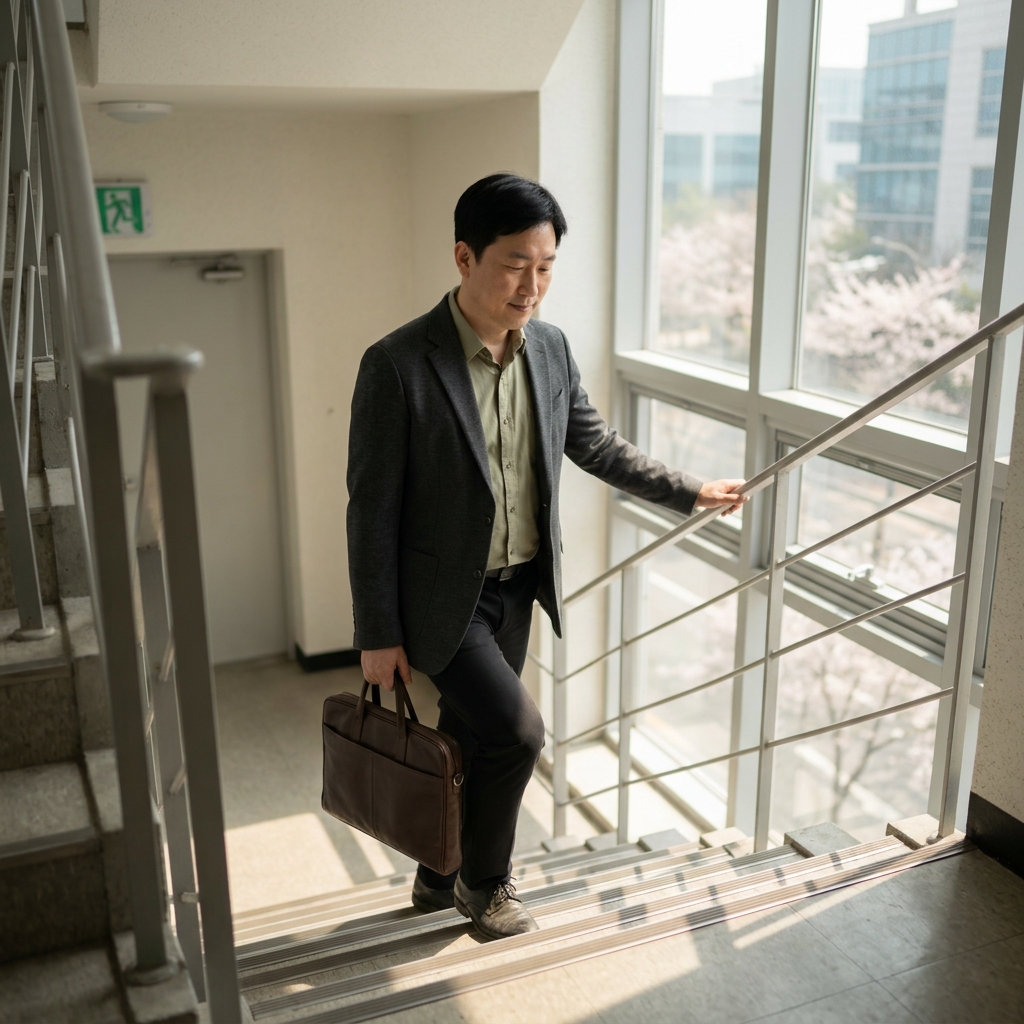 40대 직장인이 사무실 건물 계단을 천천히 오르는 모습, 손에 서류 가방을 든 채 계단 난간을 가볍게 짚고 있으며 창밖으로 비치는 햇살이 따뜻한 봄날 분위기