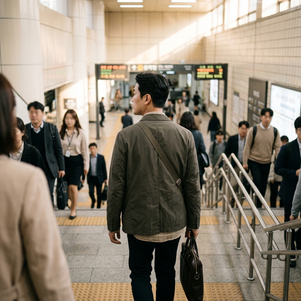 지하철역 계단을 오르는 중년 직장인의 뒷모습, 출근 시간대 사람들 사이로 천천히 걸어가는 모습이며 역 조명이 밝은 아침 분위기