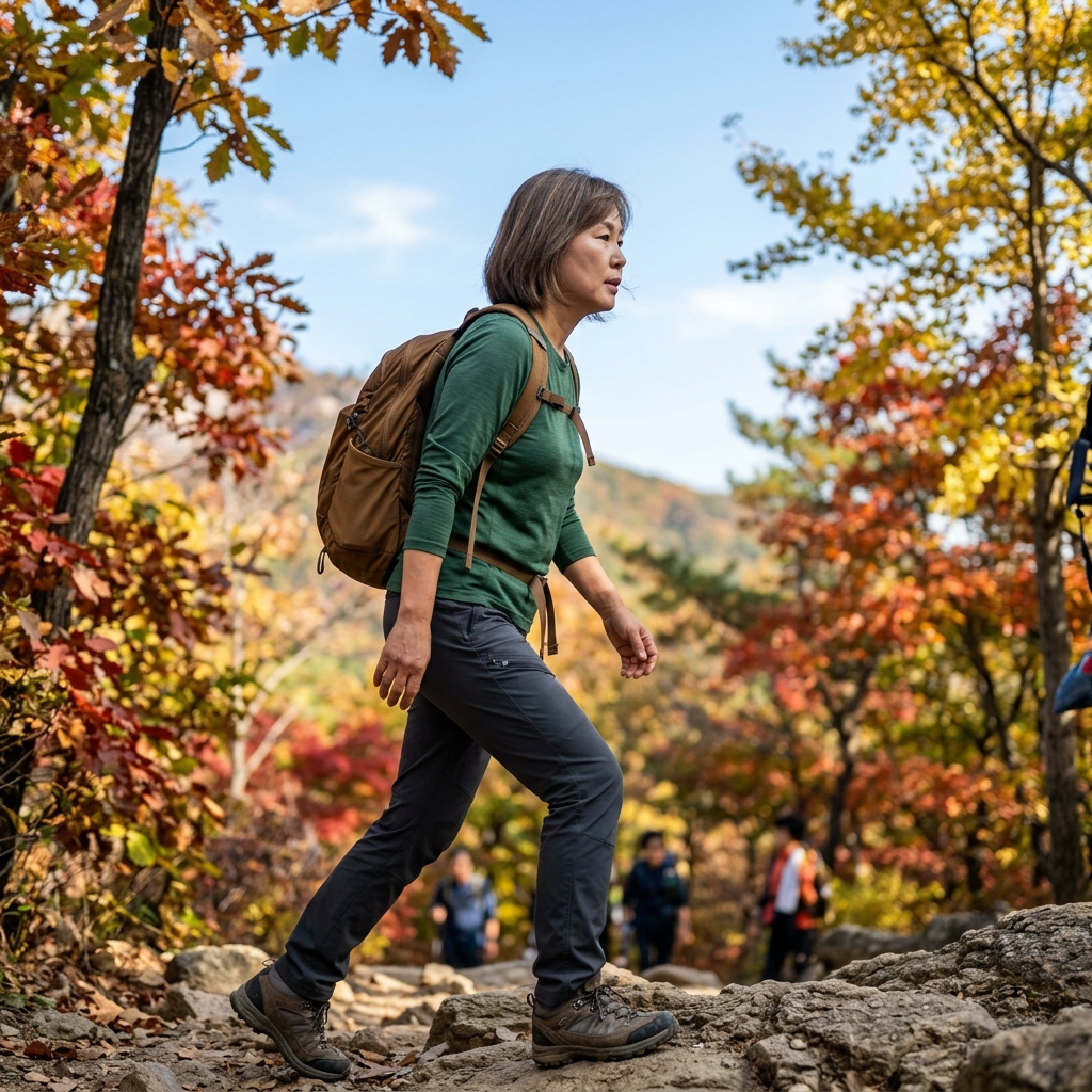 주말 오전 산길을 오르는 50대 남성, 긴 소매 기능성 티셔츠와 등산화 착용, 배경에 가을 단풍과 맑은 하늘