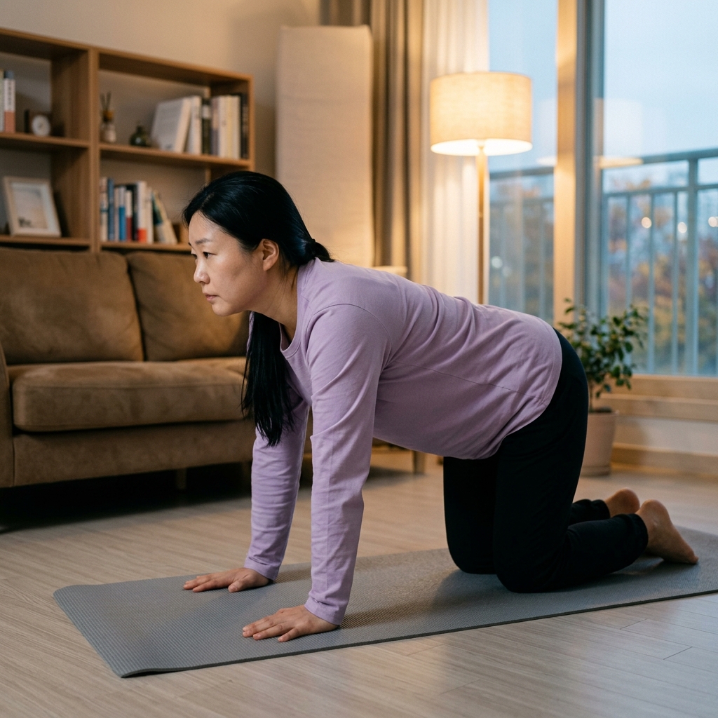 거실 매트 위에서 네발 기기 자세로 등을 둥글게 말고 있는 직장인, 창가 쪽 조명이 은은하게 비추는 저녁