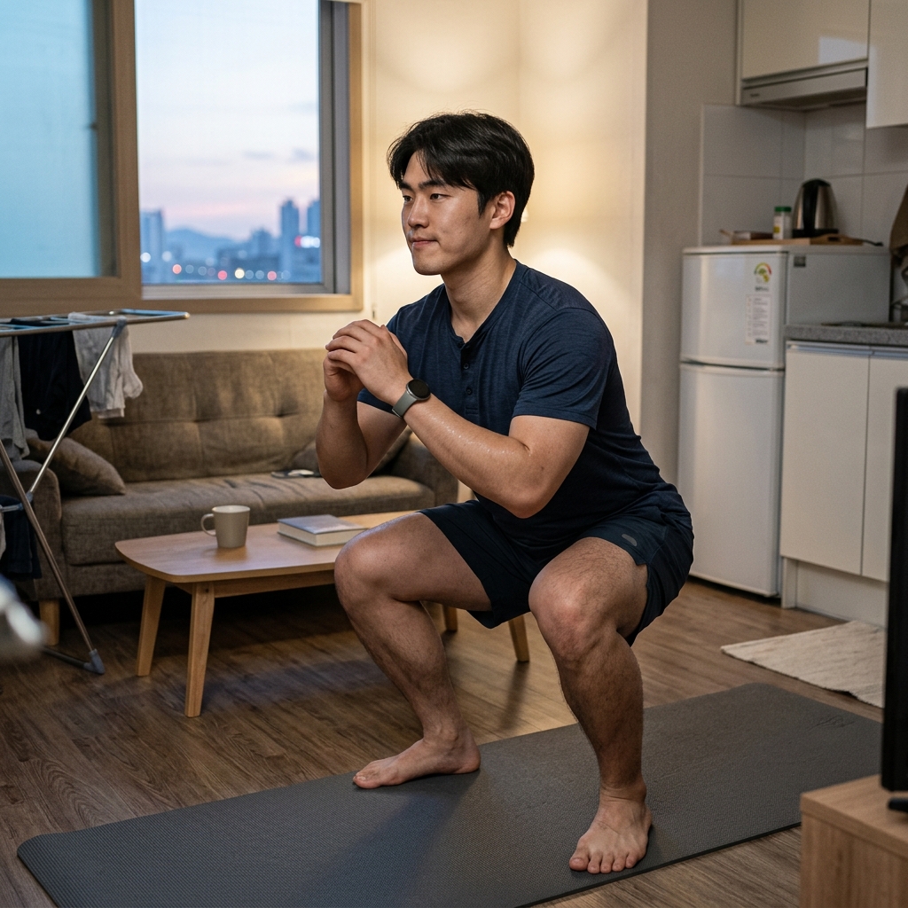 좁은 원룸 거실에서 운동복 차림으로 스쿼트 자세를 취하고 있는 20대 후반 직장인, 창밖으로 새벽 여명이 비치는 장면