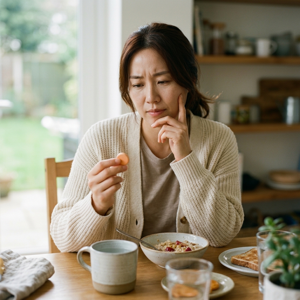 30대 여성이 아침 식탁에서 물과 함께 비타민C 알약을 손에 들고 복용 전 고민하는 표정
