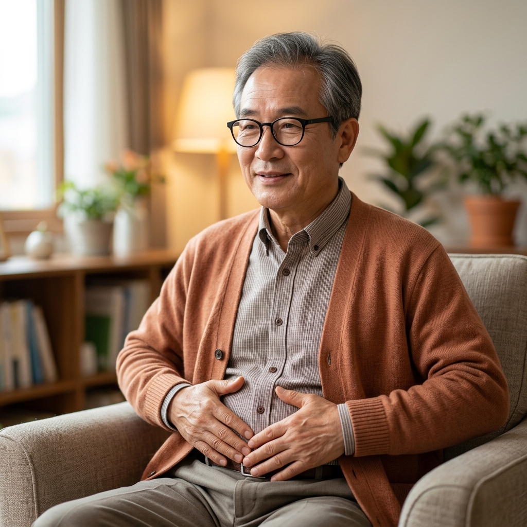 의자에 앉아 두 손을 배꼽 주변에 가볍게 올리고 시계 방향으로 마사지하는 70대 초반 남성의 상반신 장면, 표정은 편안하고 실내 조명은 따뜻한 톤
